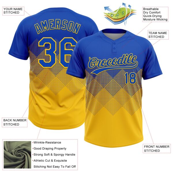 Custom Thunder Blue Yellow 3D Gradient Square Shape Two-Button Unisex Softball Jersey