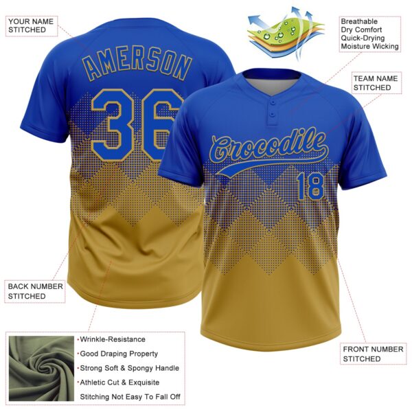 Custom Thunder Blue Old Gold 3D Gradient Square Shape Two-Button Unisex Softball Jersey