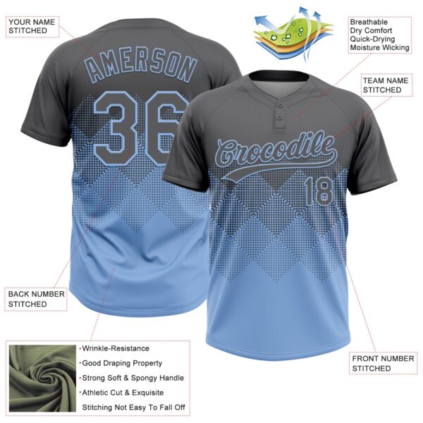 Custom Steel Gray Light Blue 3D Gradient Square Shape Two-Button Unisex Softball Jersey