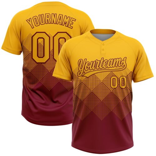 Custom Gold Crimson 3D Gradient Square Shape Two-Button Unisex Softball Jersey
