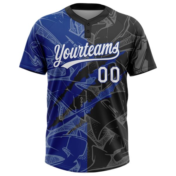 Custom Graffiti Pattern White Black-Royal 3D Scratch Two-Button Unisex Softball Jersey