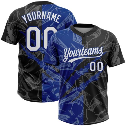 Softball1996 Custom Graffiti Pattern White Black-Royal 3D Scratch Two-Button Unisex Softball Jersey