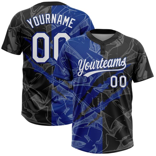 Custom Graffiti Pattern White Black-Royal 3D Scratch Two-Button Unisex Softball Jersey