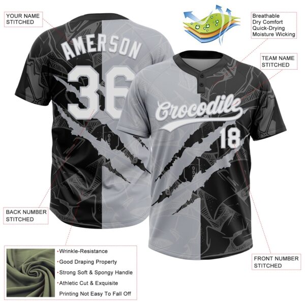 Custom Graffiti Pattern White Black-Gray 3D Scratch Two-Button Unisex Softball Jersey
