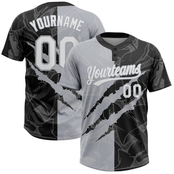 Custom Graffiti Pattern White Black-Gray 3D Scratch Two-Button Unisex Softball Jersey