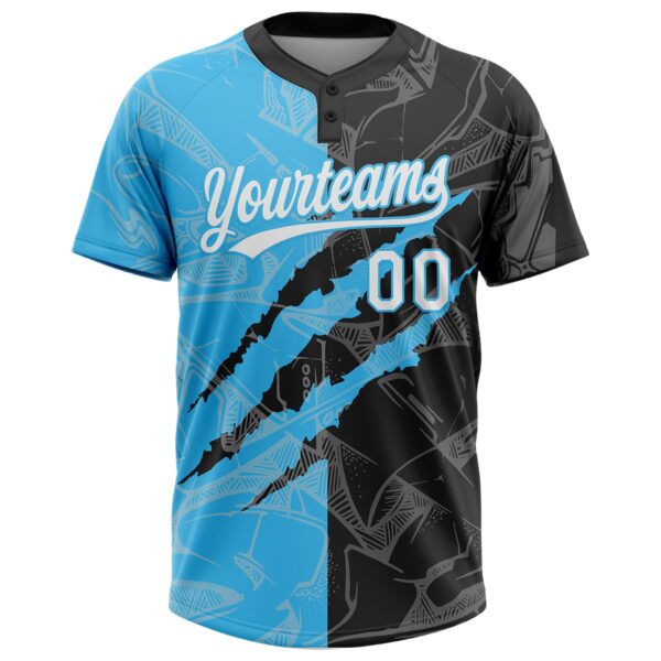 Custom Graffiti Pattern White Black-Sky Blue 3D Scratch Two-Button Unisex Softball Jersey