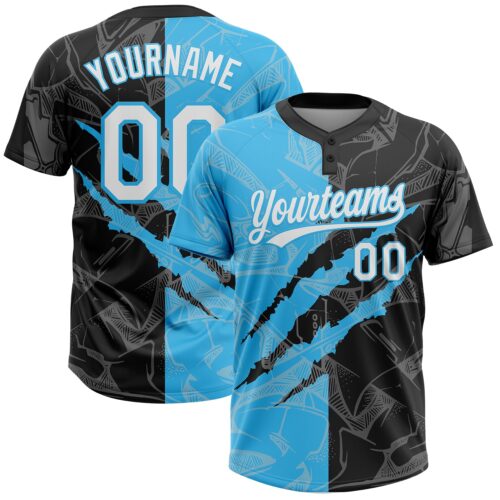 Softball1998 Custom Graffiti Pattern White Black-Sky Blue 3D Scratch Two-Button Unisex Softball Jersey