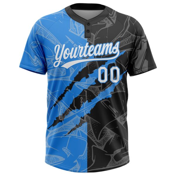 Custom Graffiti Pattern White Black-Electric Blue 3D Scratch Two-Button Unisex Softball Jersey