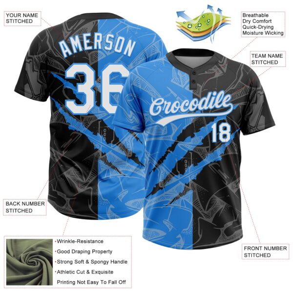 Custom Graffiti Pattern White Black-Electric Blue 3D Scratch Two-Button Unisex Softball Jersey