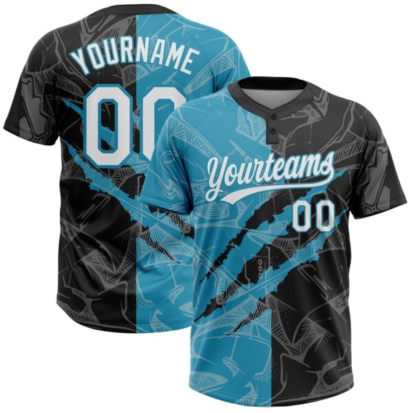 Custom Graffiti Pattern White Black-Panther Blue 3D Scratch Two-Button Unisex Softball Jersey