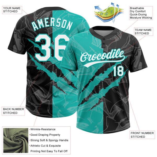 Custom Graffiti Pattern White Black-Aqua 3D Scratch Two-Button Unisex Softball Jersey