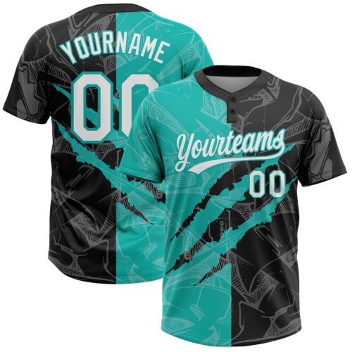 Softball2001 Custom Graffiti Pattern White Black-Aqua 3D Scratch Two-Button Unisex Softball Jersey