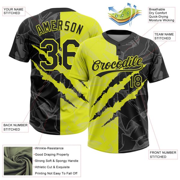 Custom Graffiti Pattern Black-Neon Yellow 3D Scratch Two-Button Unisex Softball Jersey