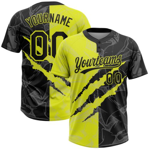 Softball2002 Custom Graffiti Pattern Black-Neon Yellow 3D Scratch Two-Button Unisex Softball Jersey