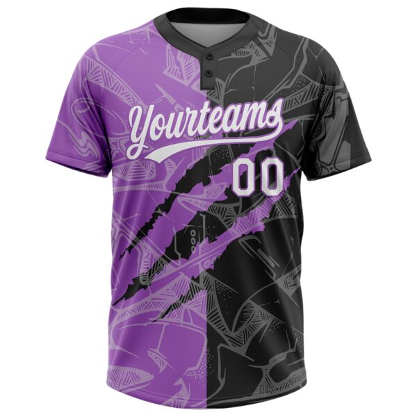 Custom Graffiti Pattern White Black-Medium Purple 3D Scratch Two-Button Unisex Softball Jersey