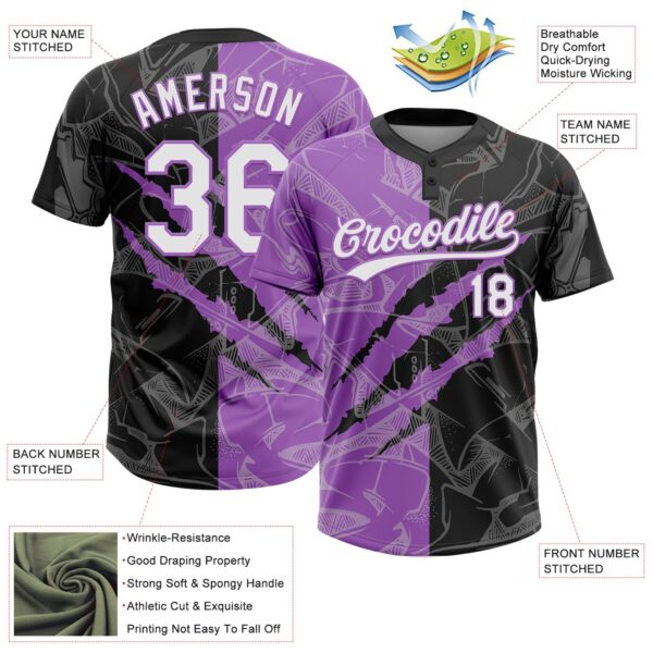 Custom Graffiti Pattern White Black-Medium Purple 3D Scratch Two-Button Unisex Softball Jersey