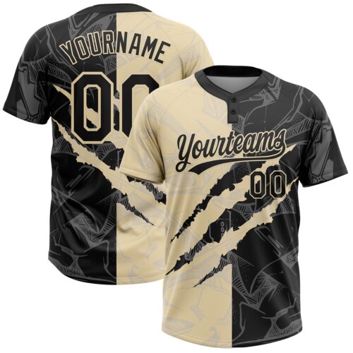 Softball2007 Custom Graffiti Pattern Black-Cream 3D Scratch Two-Button Unisex Softball Jersey