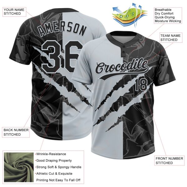 Custom Graffiti Pattern Black-Silver 3D Scratch Two-Button Unisex Softball Jersey