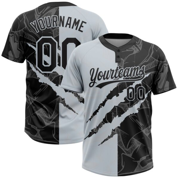 Custom Graffiti Pattern Black-Silver 3D Scratch Two-Button Unisex Softball Jersey