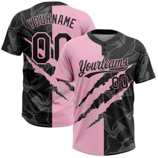 Custom Graffiti Pattern Black-Light Pink 3D Scratch Two-Button Unisex Softball Jersey