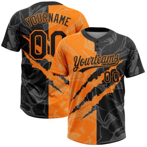 Softball2011 Custom Graffiti Pattern Black-Bay Orange 3D Scratch Two-Button Unisex Softball Jersey