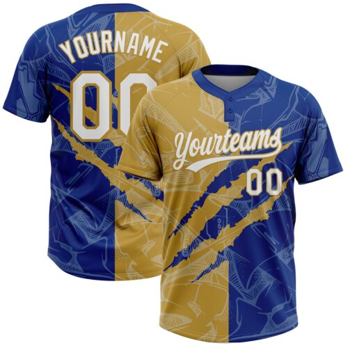 Softball2013 Custom Graffiti Pattern White Royal-Old Gold 3D Scratch Two-Button Unisex Softball Jersey