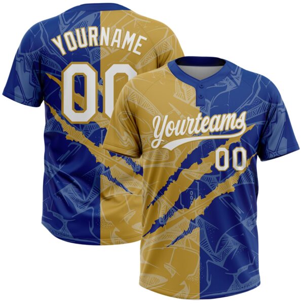 Custom Graffiti Pattern White Royal-Old Gold 3D Scratch Two-Button Unisex Softball Jersey