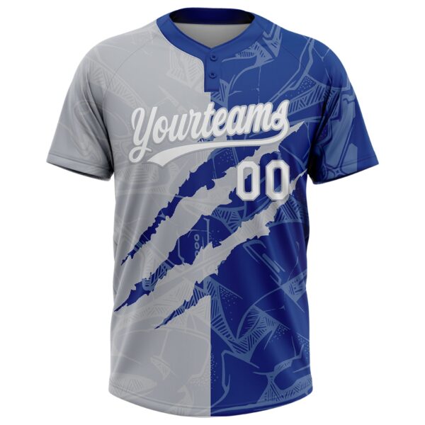 Custom Graffiti Pattern White Royal-Gray 3D Scratch Two-Button Unisex Softball Jersey