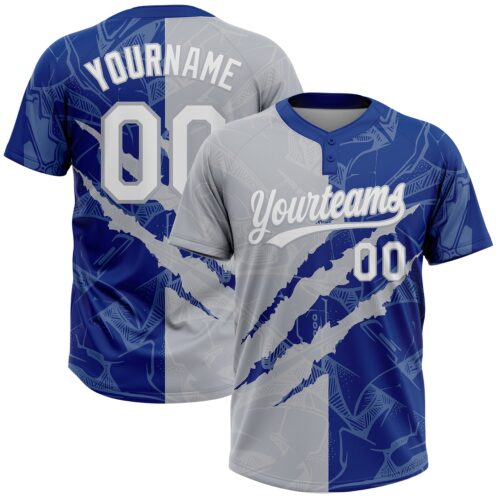 Softball2014 Custom Graffiti Pattern White Royal-Gray 3D Scratch Two-Button Unisex Softball Jersey