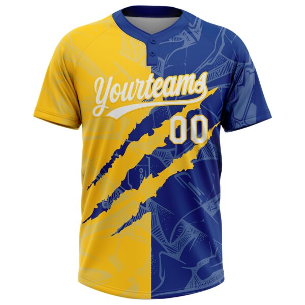 Custom Graffiti Pattern White Royal-Yellow 3D Scratch Two-Button Unisex Softball Jersey