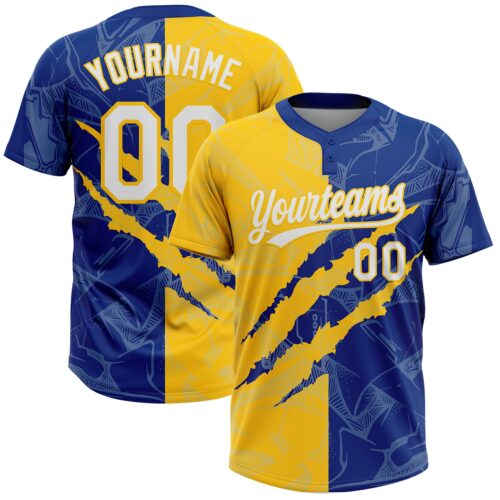 Softball2015 Custom Graffiti Pattern White Royal-Yellow 3D Scratch Two-Button Unisex Softball Jersey