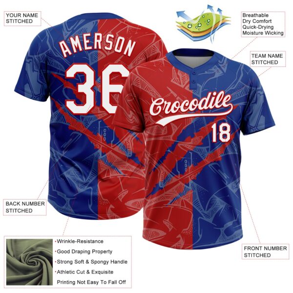 Custom Graffiti Pattern White Royal-Red 3D Scratch Two-Button Unisex Softball Jersey