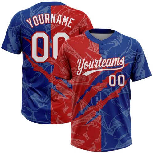 Softball2017 Custom Graffiti Pattern White Royal-Red 3D Scratch Two-Button Unisex Softball Jersey