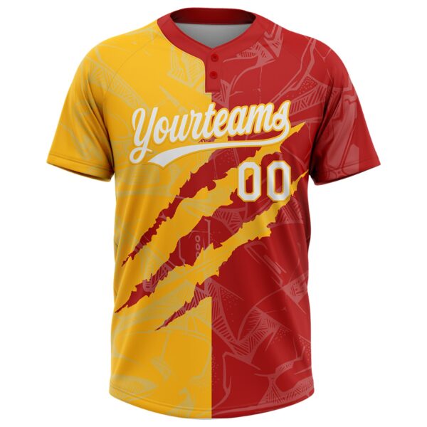 Custom Graffiti Pattern White Red-Gold 3D Scratch Two-Button Unisex Softball Jersey