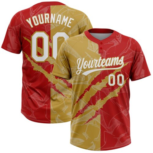Softball2019 Custom Graffiti Pattern White Red-Old Gold 3D Scratch Two-Button Unisex Softball Jersey
