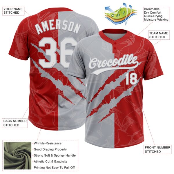 Custom Graffiti Pattern White Red-Gray 3D Scratch Two-Button Unisex Softball Jersey
