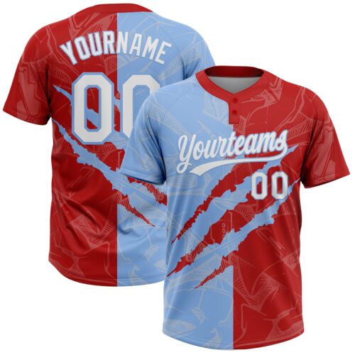 Softball2021 Custom Graffiti Pattern White Red-Light Blue 3D Scratch Two-Button Unisex Softball Jersey