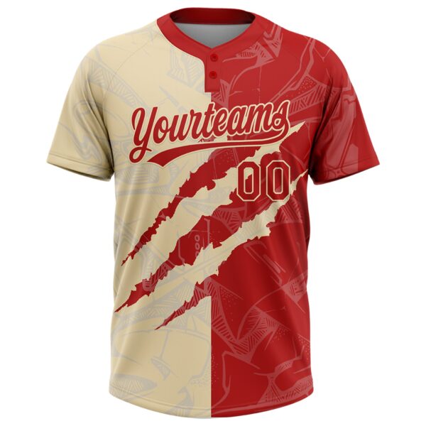 Custom Graffiti Pattern Red-Cream 3D Scratch Two-Button Unisex Softball Jersey