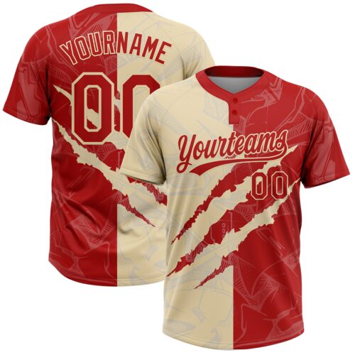 Softball2022 Custom Graffiti Pattern Red-Cream 3D Scratch Two-Button Unisex Softball Jersey