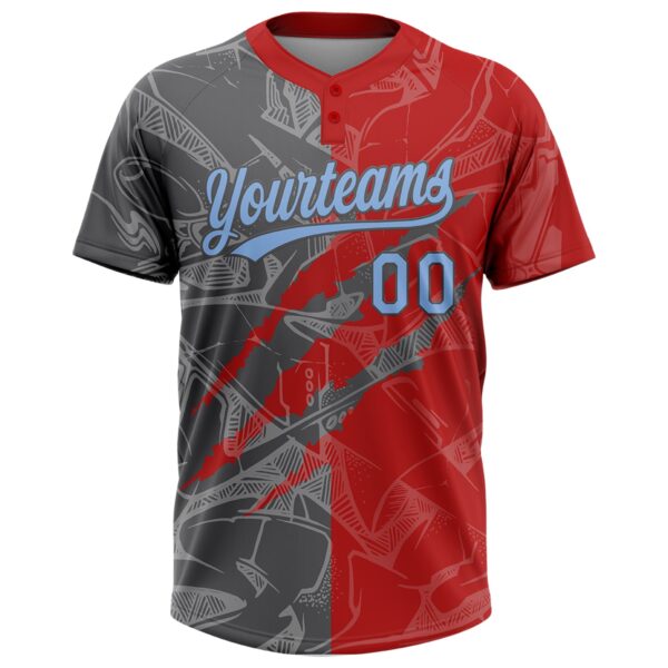 Custom Graffiti Pattern Light Blue Red-Steel Gray 3D Scratch Two-Button Unisex Softball Jersey