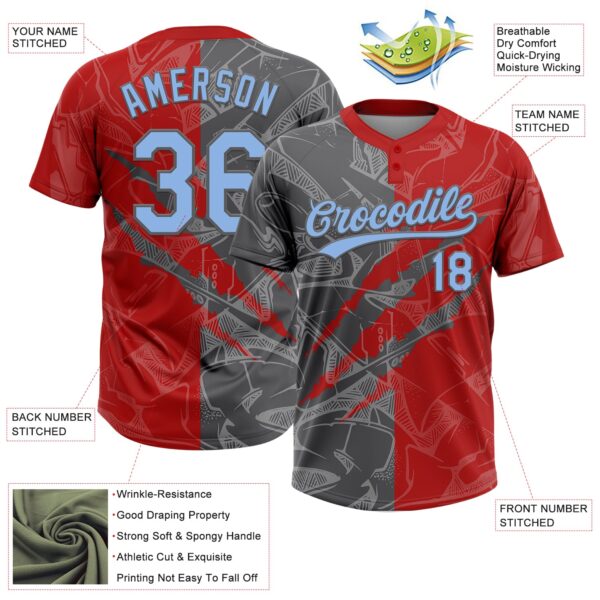 Custom Graffiti Pattern Light Blue Red-Steel Gray 3D Scratch Two-Button Unisex Softball Jersey