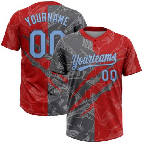 Softball2023 Custom Graffiti Pattern Light Blue Red-Steel Gray 3D Scratch Two-Button Unisex Softball Jersey