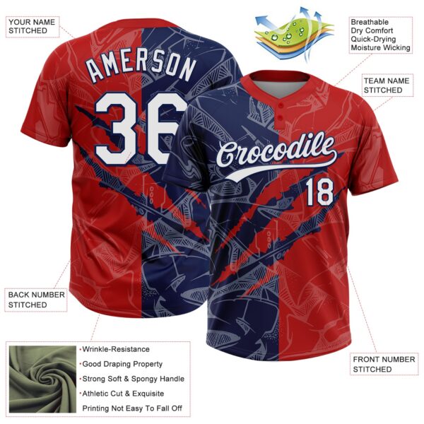 Custom Graffiti Pattern White Red-Navy 3D Scratch Two-Button Unisex Softball Jersey