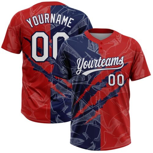 Softball2024 Custom Graffiti Pattern White Red-Navy 3D Scratch Two-Button Unisex Softball Jersey