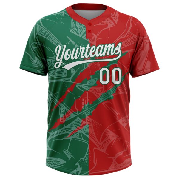 Custom Graffiti Pattern White Red-Kelly Green 3D Scratch Two-Button Unisex Softball Jersey