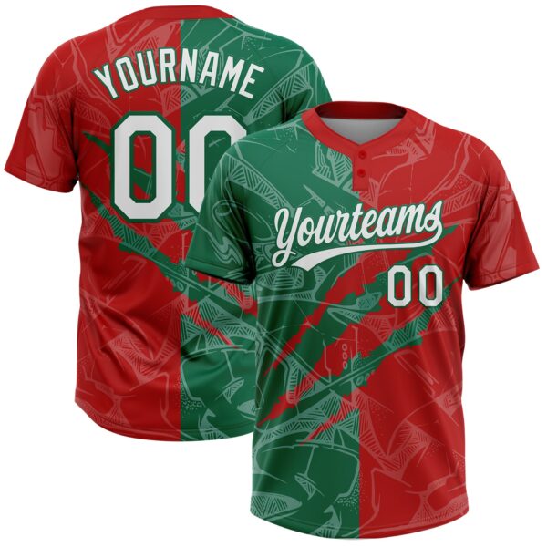 Custom Graffiti Pattern White Red-Kelly Green 3D Scratch Two-Button Unisex Softball Jersey