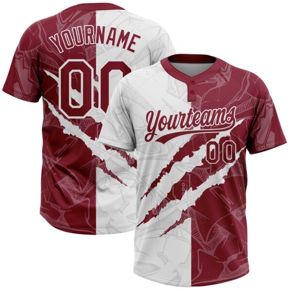 Custom Graffiti Pattern Crimson-White 3D Scratch Two-Button Unisex Softball Jersey