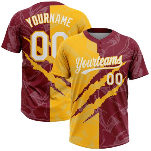 Softball2027 Custom Graffiti Pattern White Crimson-Gold 3D Scratch Two-Button Unisex Softball Jersey