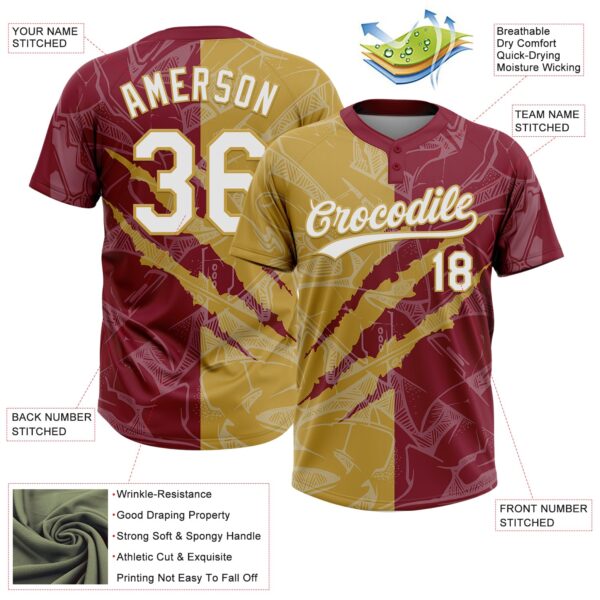 Custom Graffiti Pattern White Crimson-Old Gold 3D Scratch Two-Button Unisex Softball Jersey