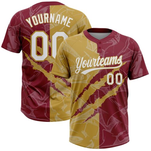 Softball2028 Custom Graffiti Pattern White Crimson-Old Gold 3D Scratch Two-Button Unisex Softball Jersey